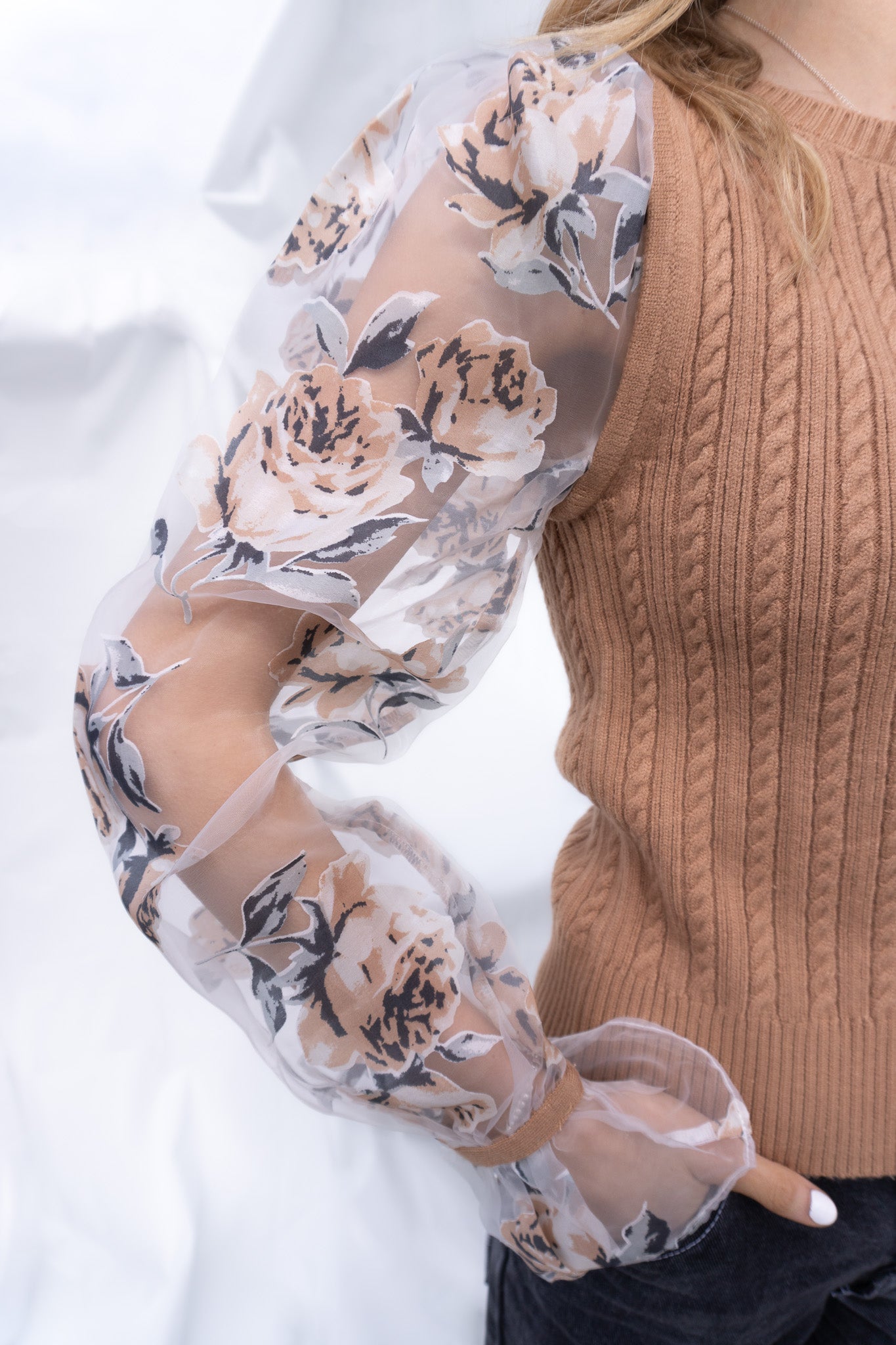 Sweater Vest With Transparent Floral Sleeves
