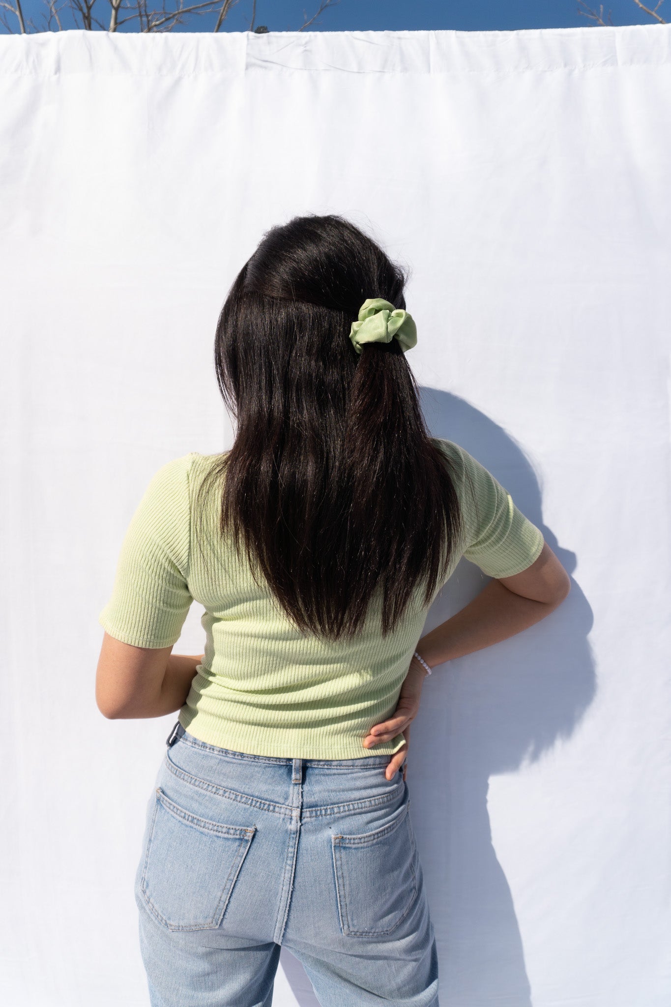 Back View of Lacausa Green Sweater Rib Short Sleeve Top
