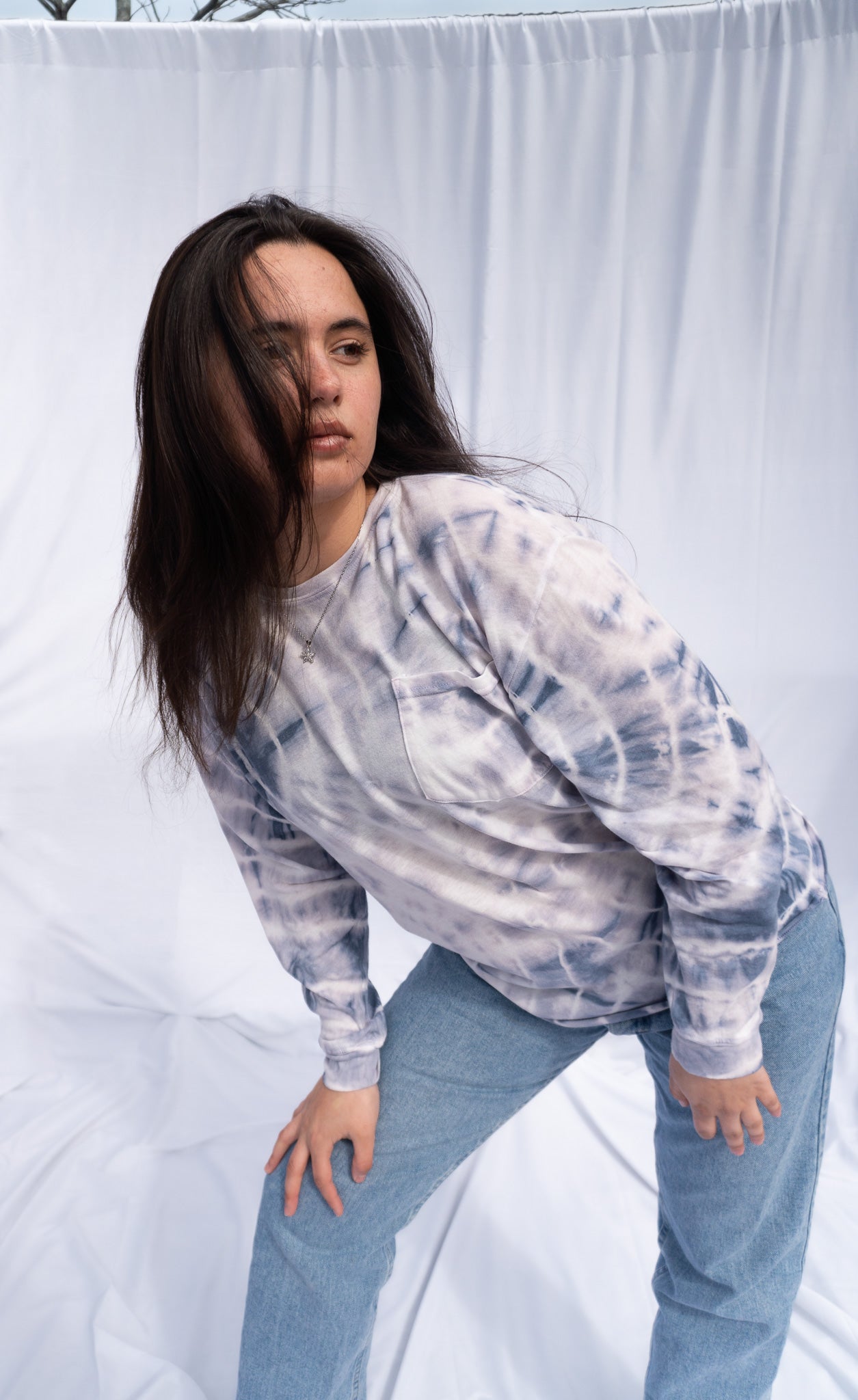 Side view of the Lacausa Amethyst Blue Tie-Dye Long Sleeve Top showcasing the oversized fit.