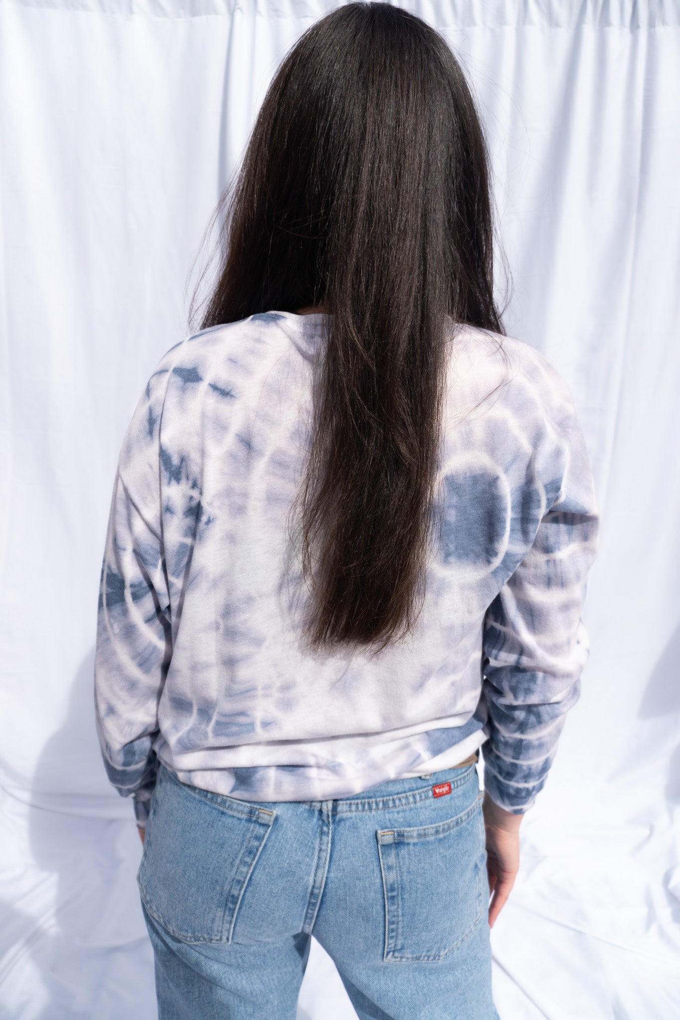 Back view of the Lacausa Amethyst Blue Tie-Dye Long Sleeve Top.