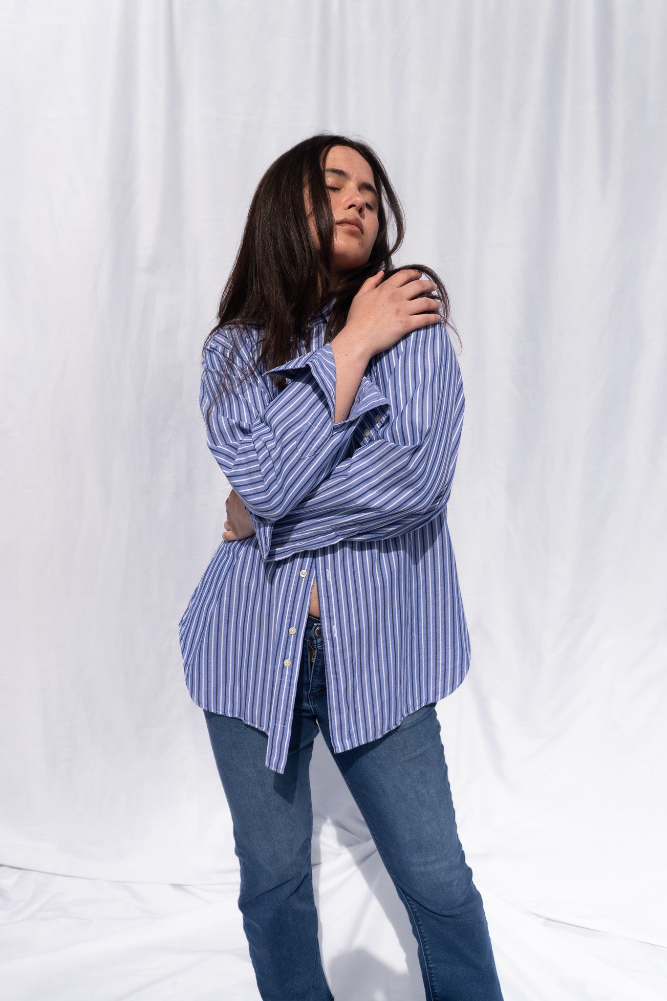 Mitchells Oversized Blue Striped Button Up Top Front View