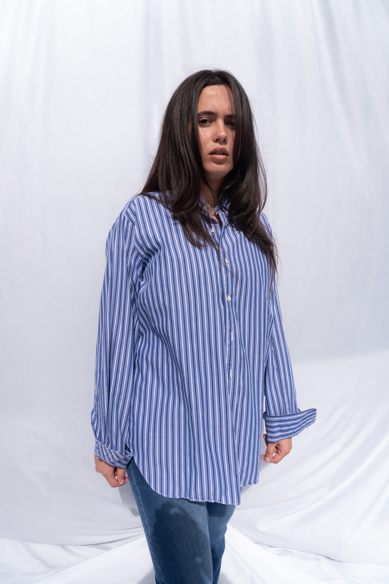 Mitchells Oversized Blue Striped Button Up Top Front View