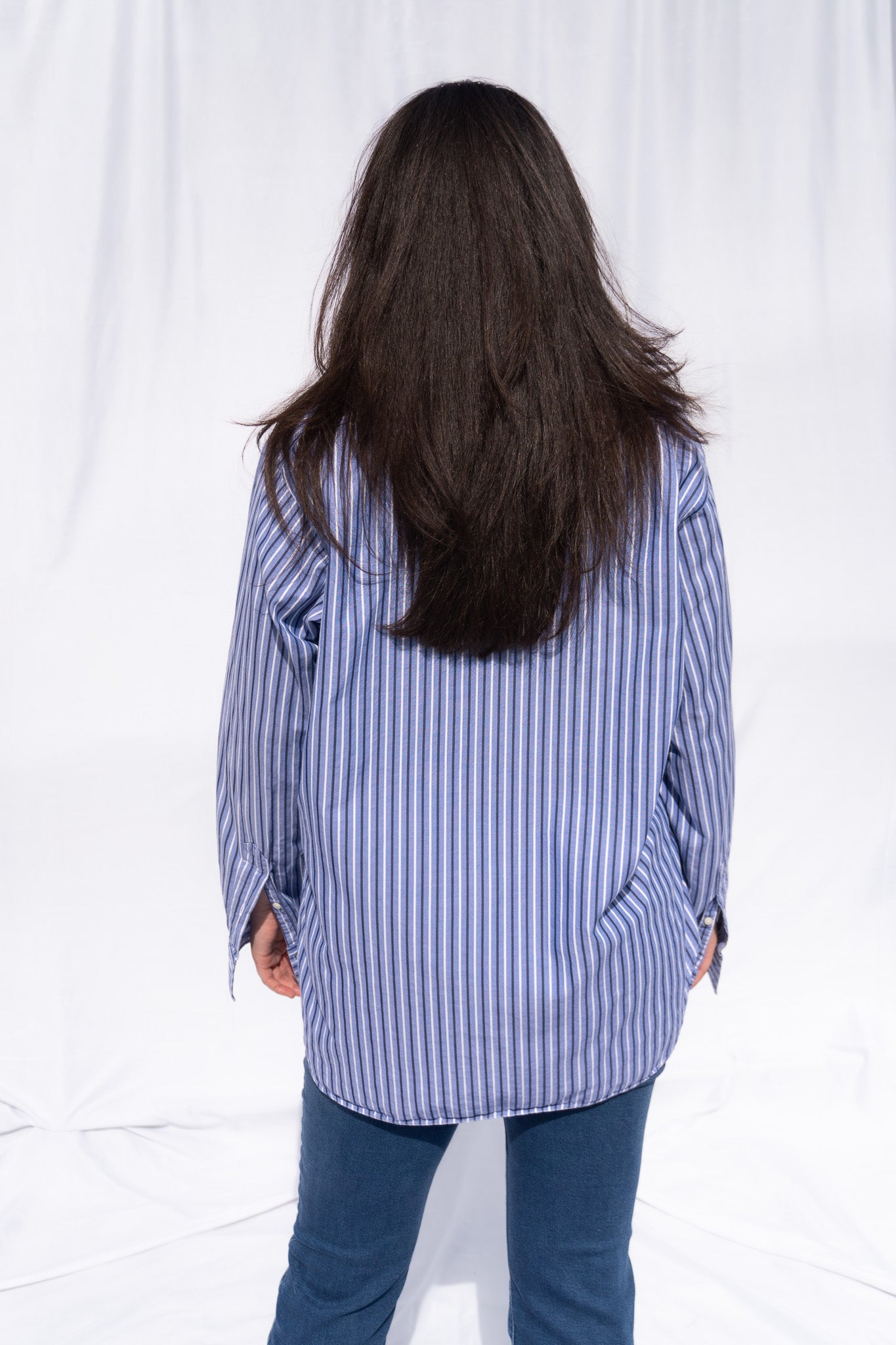 Mitchells Oversized Blue Striped Button Up Top Back View