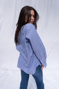 Load image into Gallery viewer, Mitchells Oversized Blue Striped Button Up Top Side View
