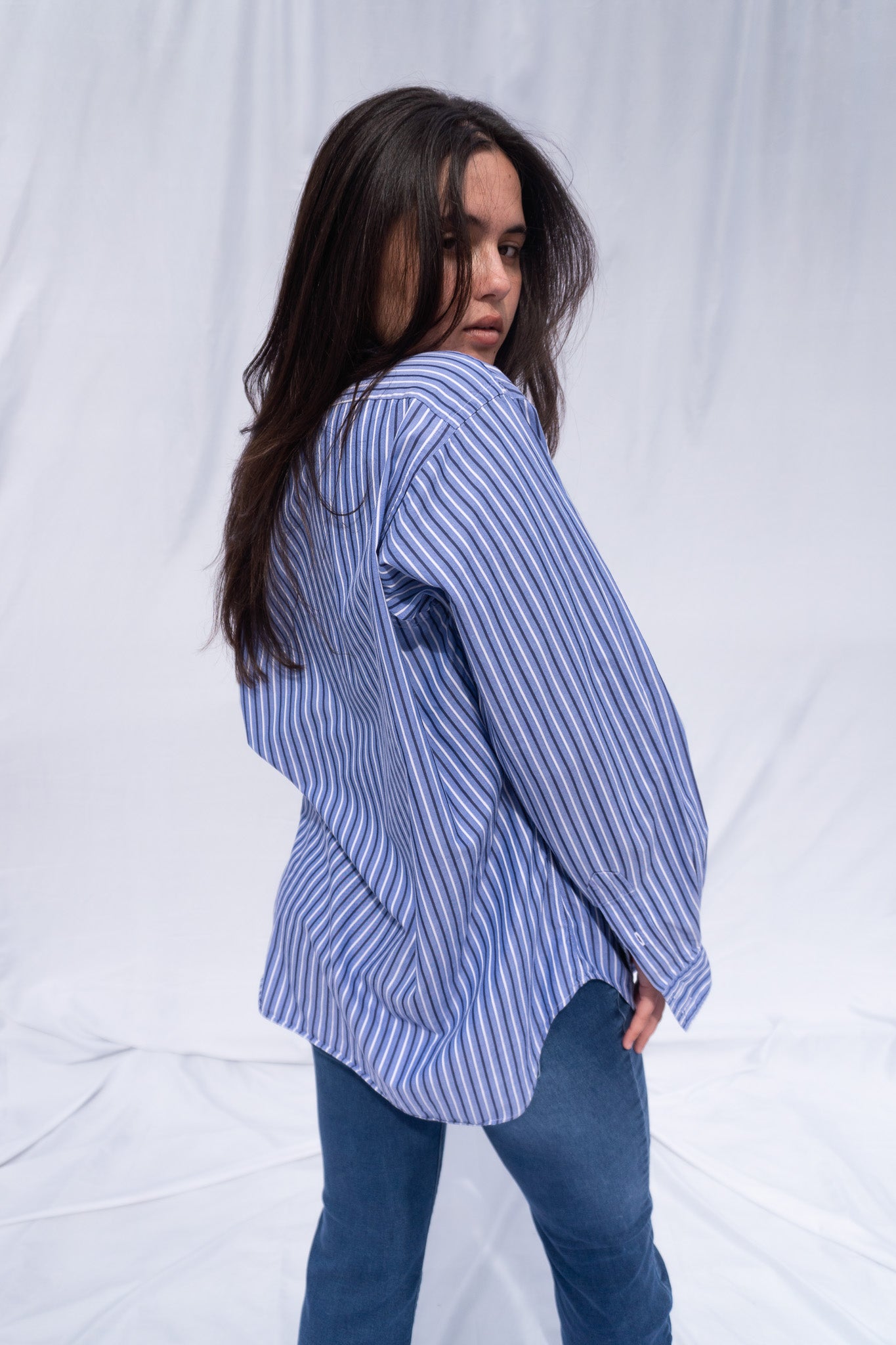 Mitchells Oversized Blue Striped Button Up Top Side View