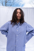 Load image into Gallery viewer, Mitchells Oversized Blue Striped Button Up Top Front View
