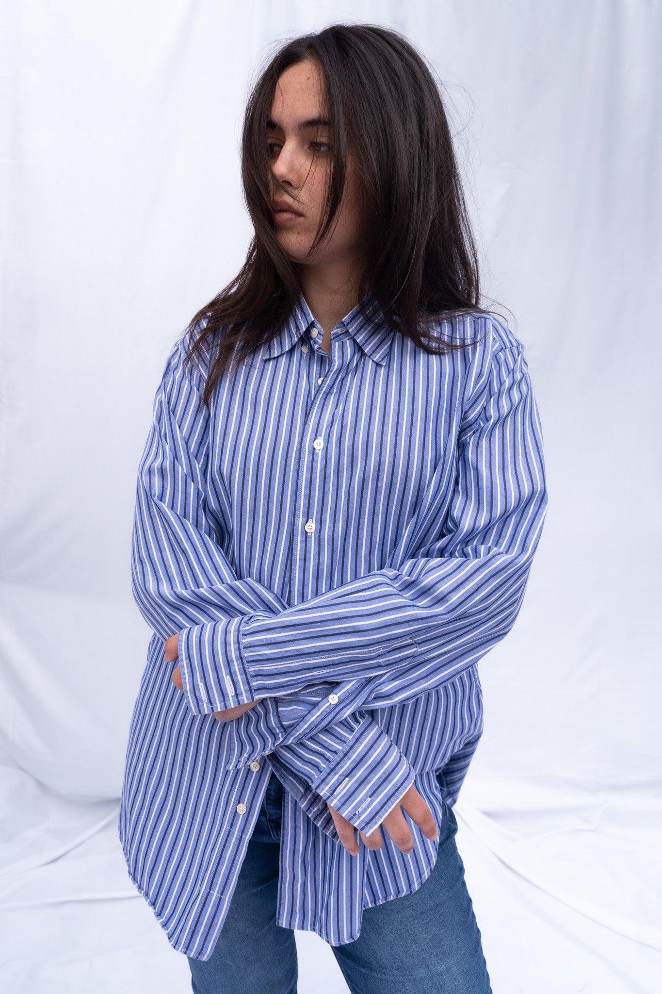 Mitchells Oversized Blue Striped Button Up Top Front View